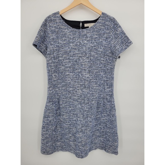 Loft 12 Tweed Dress Blue Black White Pencil Knee Length Short Sleeve Cut out V - Picture 1 of 8